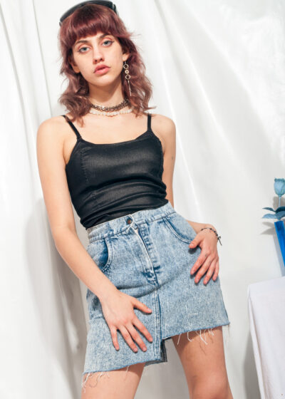 Vintage Denim Skirt 80s Reworked Half Crop Acid Wash Jeans