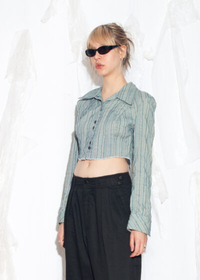Reworked Vintage Y2K Crop Shirt in Blue Striped