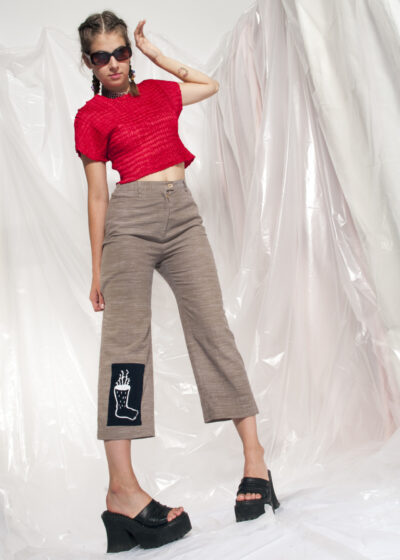 Vintage cropped trousers Reworked art patch wide-leg pants