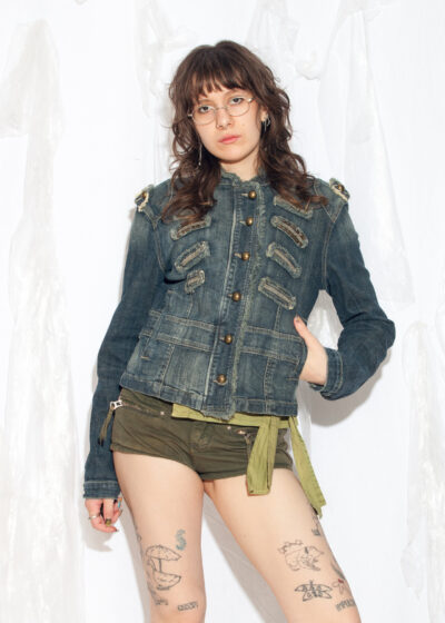 Vintage Y2K Fitted Military Denim Jacket in Blue