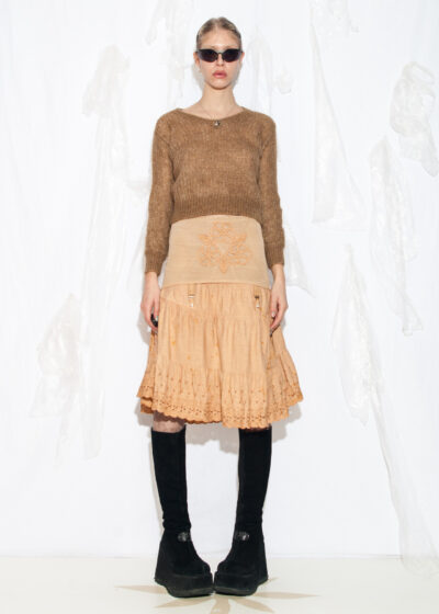 Reworked Vintage 60s Rust Dyed Lace Girdle Skirt in Beige