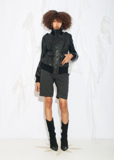 Vintage Y2K Leather Bomber Jacket in Black