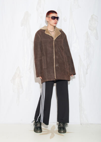 Vintage Y2K Winter Leather Coat in Brown Suede