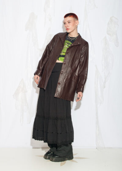 Vintage 80s Chunky Leather Coat in Maroon Brown