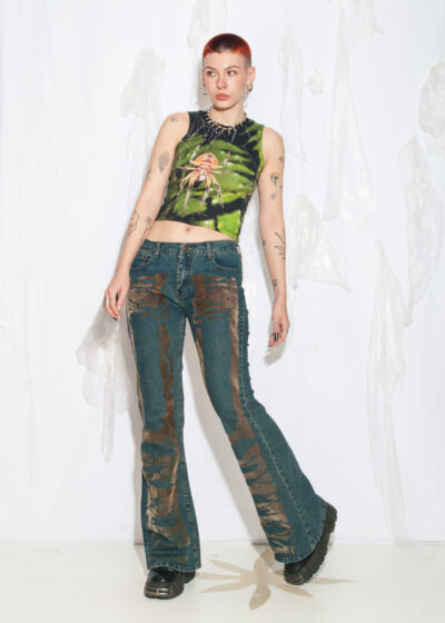 Vintage Y2K Velvet Printed Flare Jeans in Mud Brown and Blue