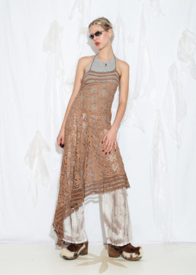 Reworked Vintage 60s Crochet Lace Dress in Brown