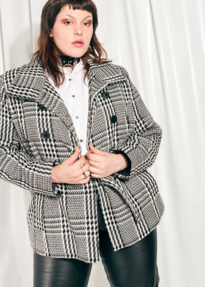 Vintage Winter Coat 90s Grey Houndstooth Plaid Grunge Jacket