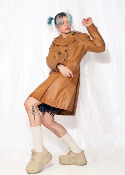 Vintage Leather Jacket Y2K Trench Coat in Brown