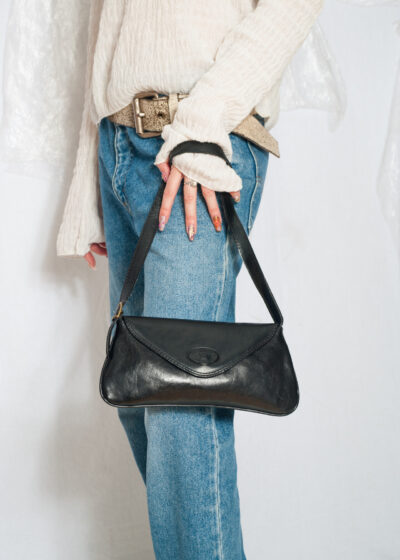 Vintage Y2K Baguette Bag in Black Leather
