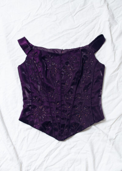 Vintage Y2K Corset Top in Purple with Flower Embroidery