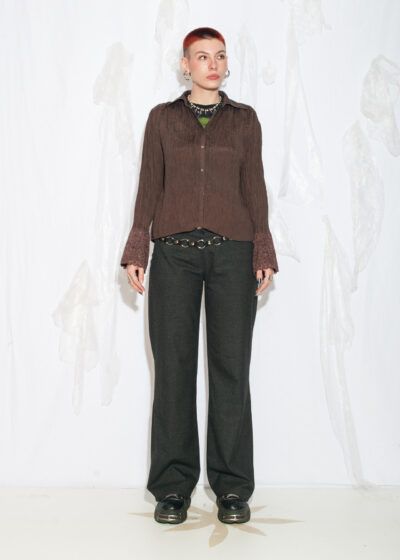Vintage Y2K Silk Blouse in Brown with Lace Cuffs