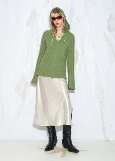 Vintage Y2K Hooded Knit Jumper in Green Cotton