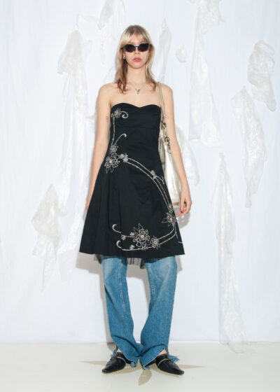 Vintage Y2K Flower Embroidery Midi Dress in Black