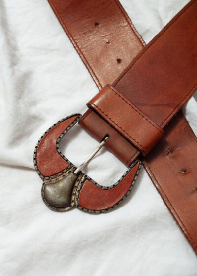Vintage 80s Leather Belt with Chunky Buckle in Brown