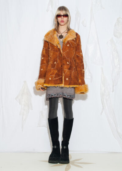 Vintage Y2K Patchwork Shearling Coat in Brown
