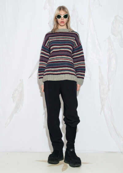 Vintage 90s Hand Knit Jumper in Maroon Grey Blue Striped