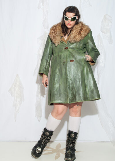 Reworked Vintage 70s Shearling Coat in Hand Painter Green