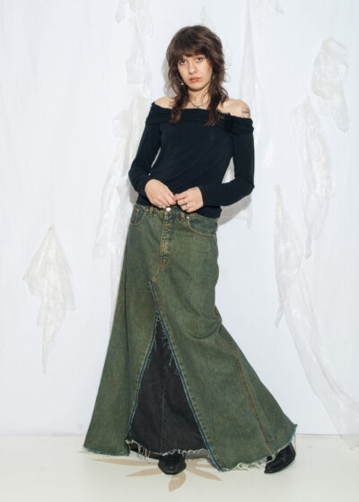 Reworked Vintage 90s Denim Maxi Skirt in Overdyed Green
