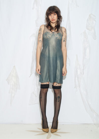 Reworked Vintage 70s Sheer Lace Dress in Overdyed Turquoise