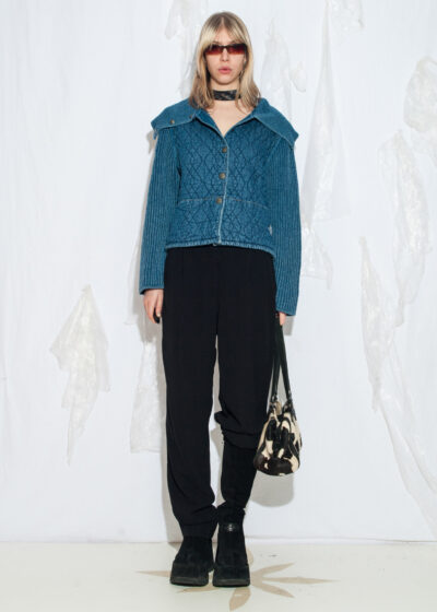 Vintage Y2K Knit Sleeve Quilted Jacket in Blue Cotton