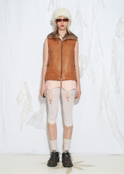 Vintage Y2K Leather Vest with Fur Collar in Brown