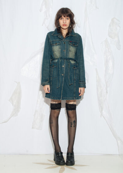 Vintage Y2K Denim Trench Coat in Stonewashed Blue