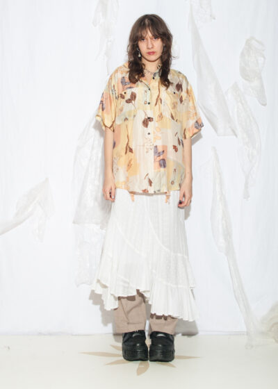 Vintage 80s Whistles Silk Shirt in Beige w Leaf Pattern