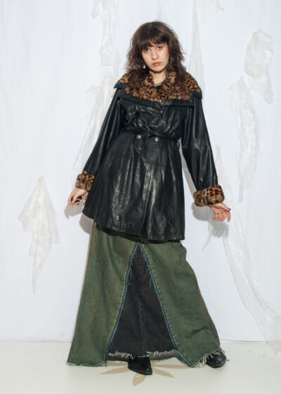 Vintage 80s Leather Coat with Leopard Pattern Fur Collar