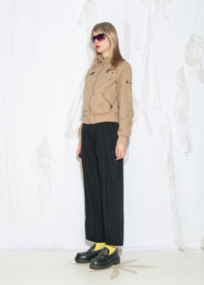 Vintage Y2K Bomber Jacket in Beige Cotton