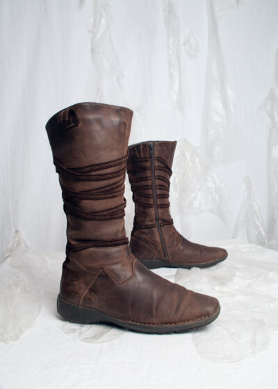 Vintage Y2K Leather Mid Calf Boots with Strap Detail