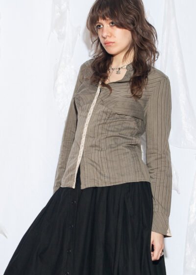 Vintage Y2K Striped Boho Blouse in Khaki with Lace