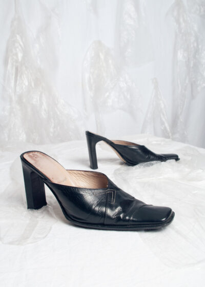 Vintage Y2K Leather High Heel Mules in Black