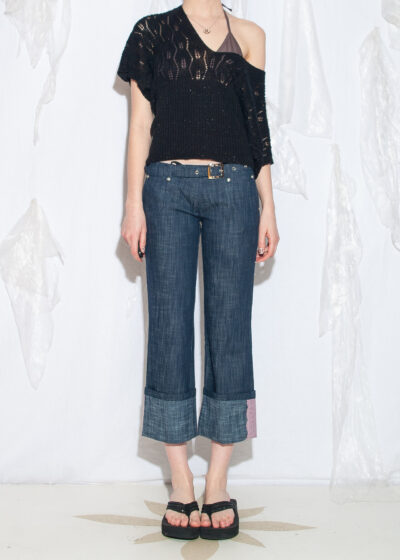 Vintage Y2K Low Rise Capri Jeans in Blue with Pink Lace