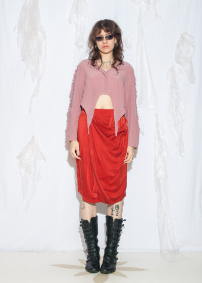 Reworked Vintage Y2K Silk Blouse in Mauve with Butterfly Wing Hem