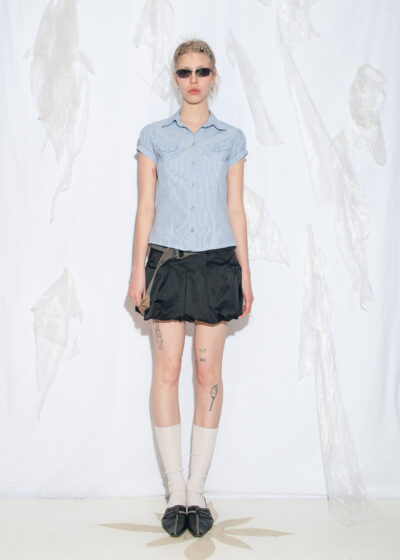 Vintage Y2K Office Siren Blouse in Pastel Blue Stripes