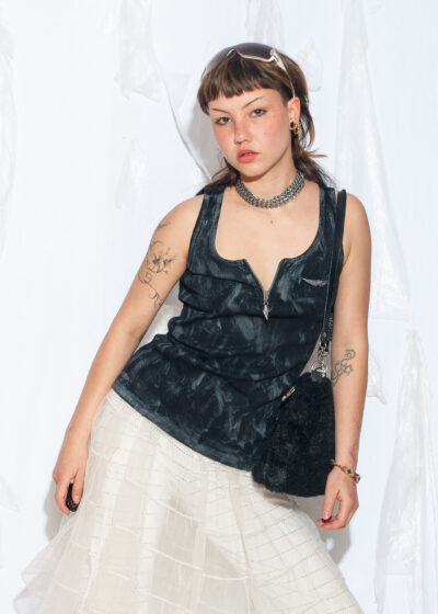 Reworked 90s Zip Front Tank Top in Silver Painted
