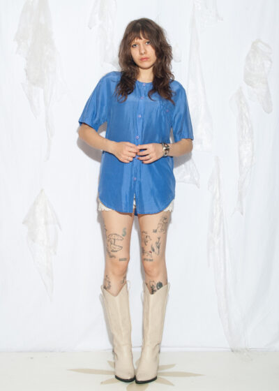 Vintage Silk Shirt 90s Oversized Top in Blue