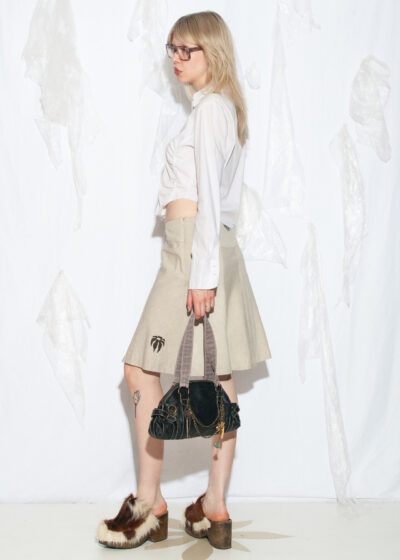 Reworked Y2K Linen Midi Skirt in Beige with Melting Flower
