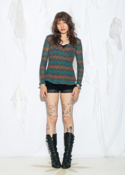 Vintage Y2K Overlapped Knit Top in Blue and Brown Chevron