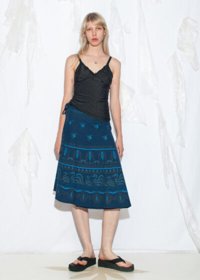 Vintage 70s Venus Overlapped Cotton Skirt in Blue with Heron Print
