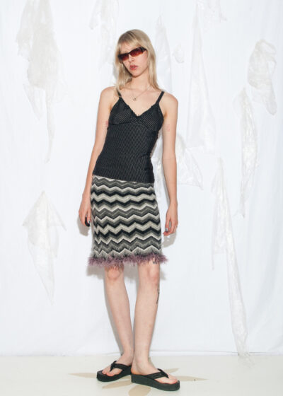 Vintage 90s Furry Chevron Handmade Knit Skirt in Grey