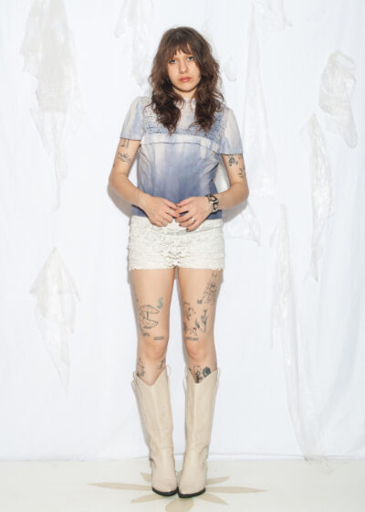 Reworked Vintage 60s Button Back Lace Blouse in Blue Cotton
