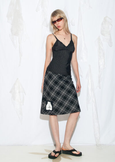 Vintage Y2K Wool Blend Skirt In Gray Plaid with Screen-Printed Patch