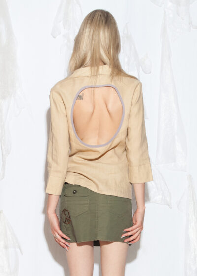 Reworked Vintage Y2K Open Back Linen Shirt in Beige
