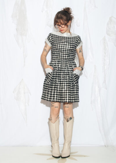 Vintage 80s Push Pam Shiny Gingham Dress in Silver