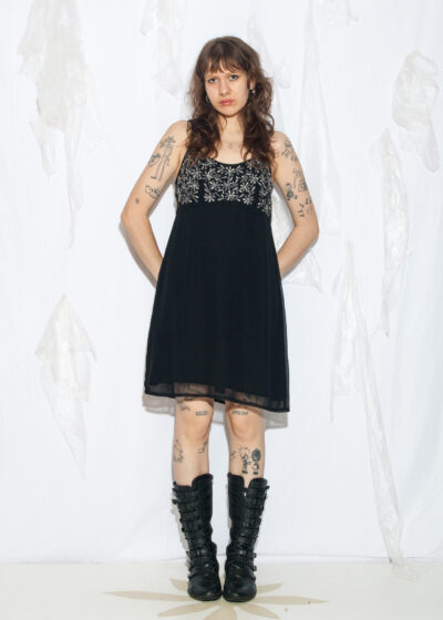 Vintage Y2K Slip Dress in Black with Flower Embroidery