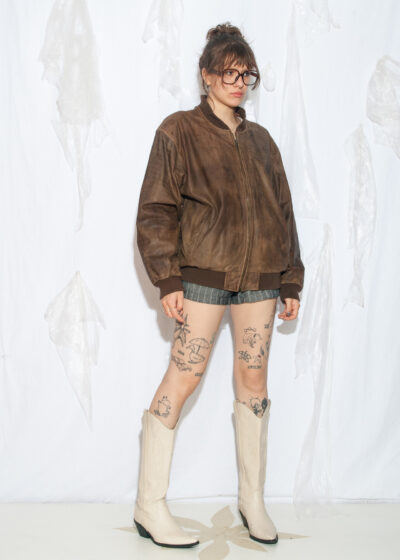 Vintage 80s Oversized Leather Bomber Jacket in Brown