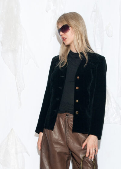 Vintage 70s Fitted Velvet Blazer in Black with Mismatched Buttons