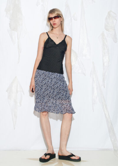 Vintage 90s Floral Silk Midi Skirt in Blue