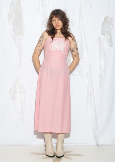 Reworked Vintage Y2K Prom Maxi Dress in Pink with Crochet Butterfly